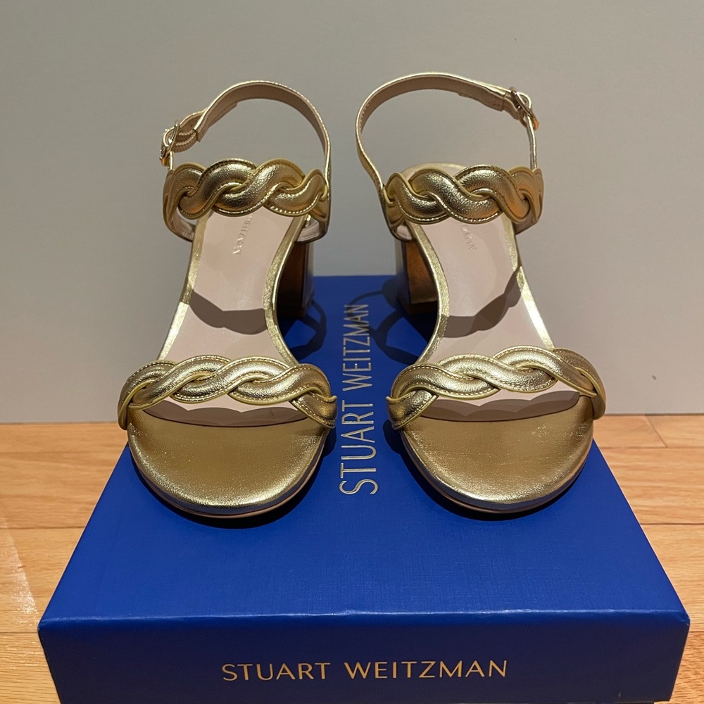 New Stuart Weitzman Twistie Gold Block Sandal Sz 6.5